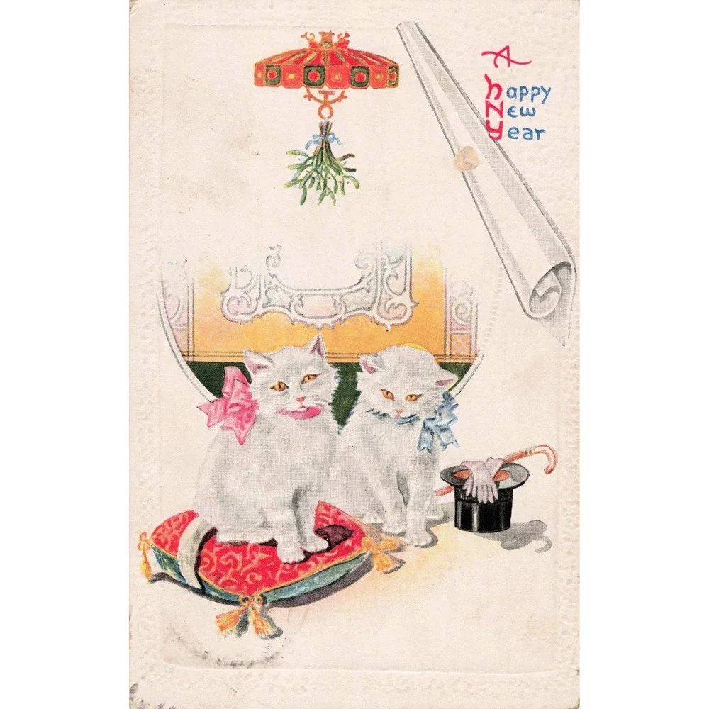 New Year Postcard RPPC Style White Kittens Top Hat Embossed 1c Antique